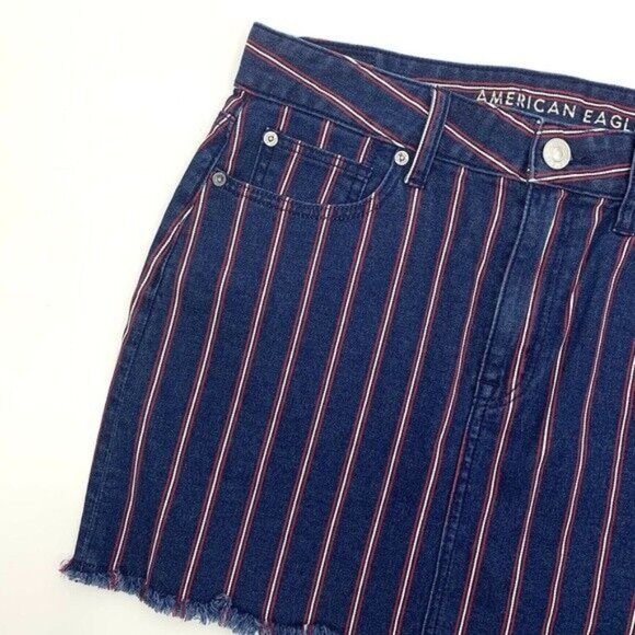 American Eagle Denim Skirt Blue Red Stripe Mini Super Stretch High Rise - Picture 5 of 9